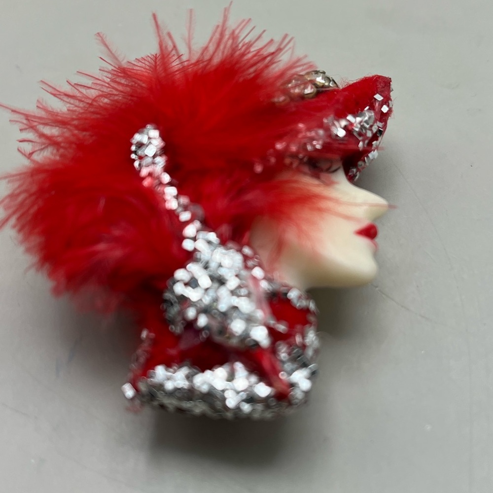 Red and Silver Vintage Feathered Brooch -Unique Collectible